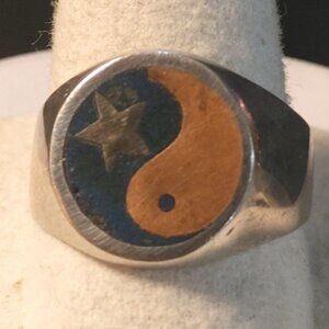 Yin Yang Sterling Silver Ring Size 10 925 Turquoise Star Emblem Vintage Copper
